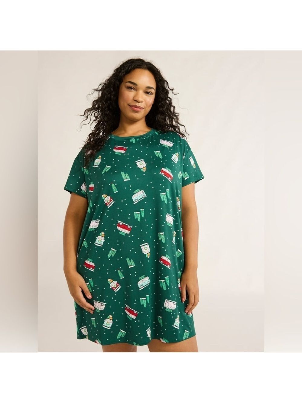 Joyspun Green Retro Van Snowflake Short Sleeve Sleep Dress w/ Pockets Large XL